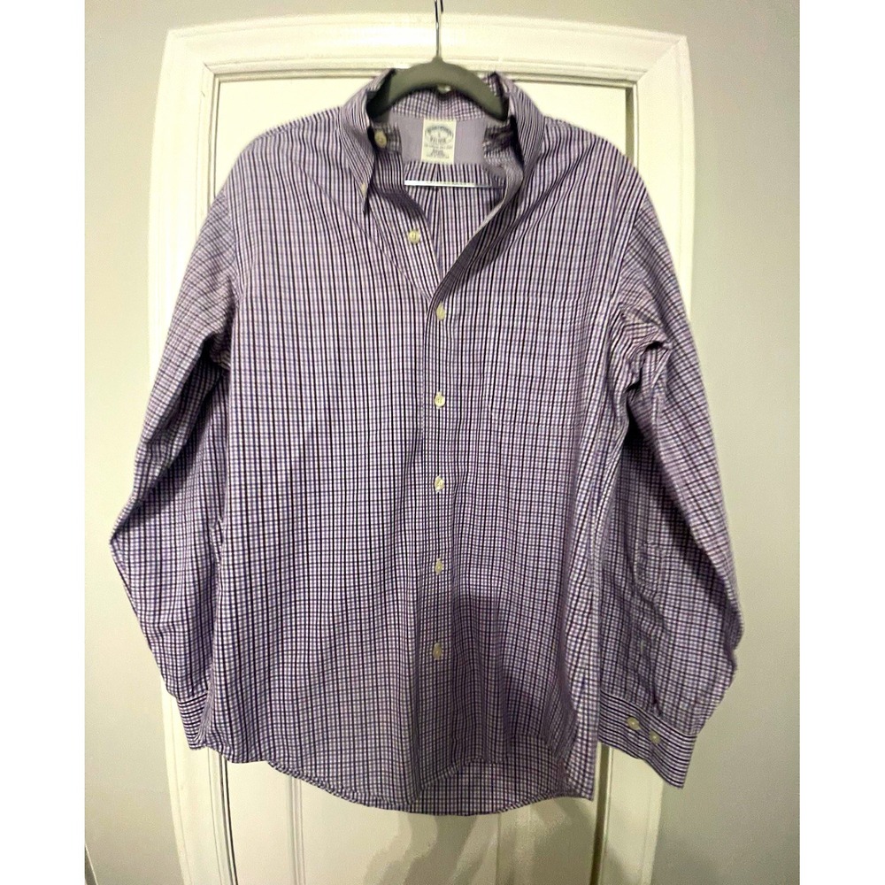 Brooks Brothers Dress Shirt Purple/White Check Slim Fit Non-Iron S 32/33